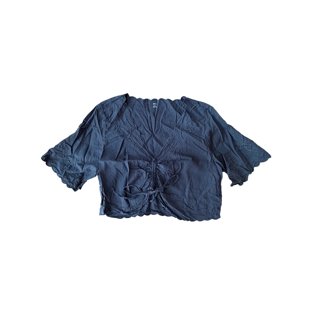 Aerie Navy Blue Embroidered Cinched Front Scalloped Crop Top Large